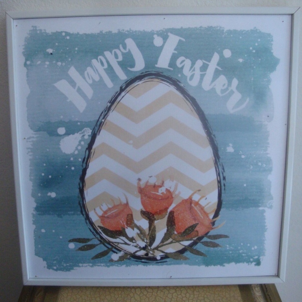 Happy Easter Egg with Flowers  Framed Watercolor Print on Wood Wall Art
